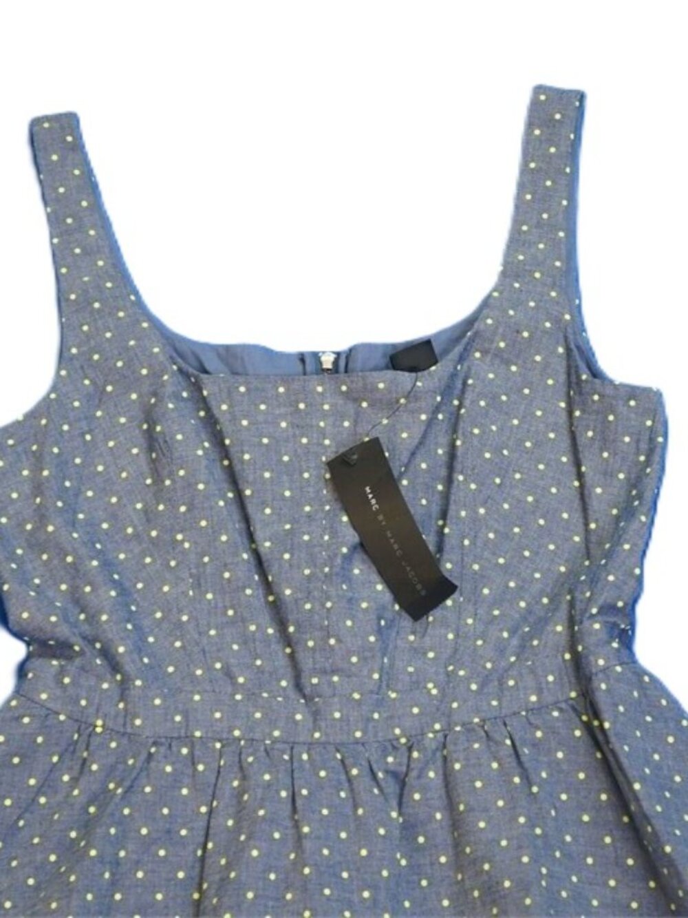 Marc by Marc Jacobs Chambray Polka Dot Dress Neon Zipper Blue Fit Flare Size 6 - Picture 10 of 14